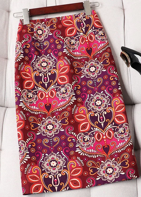 Stylish Red Zip Up Print Patchwork High Waist Cotton Skirt Spring