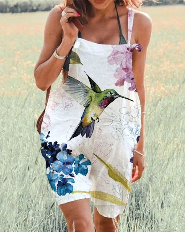 Women's  Hummingbird Flower Print Loose Casual Jumpsuit