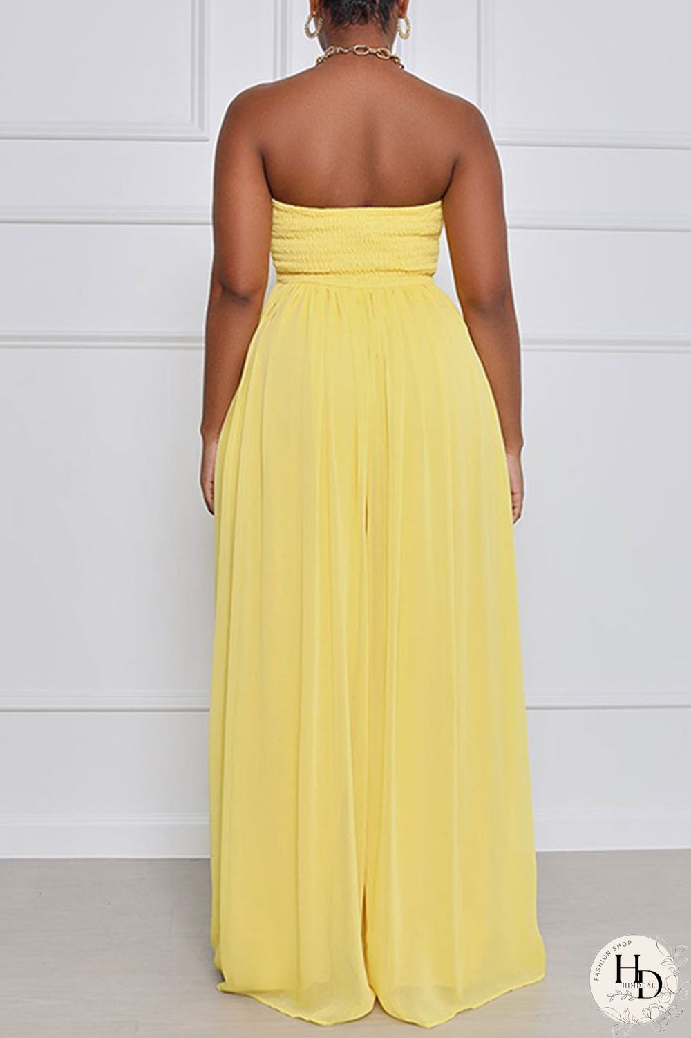 Yellow Sexy Casual Solid Backless Strapless Regular Jumpsuits