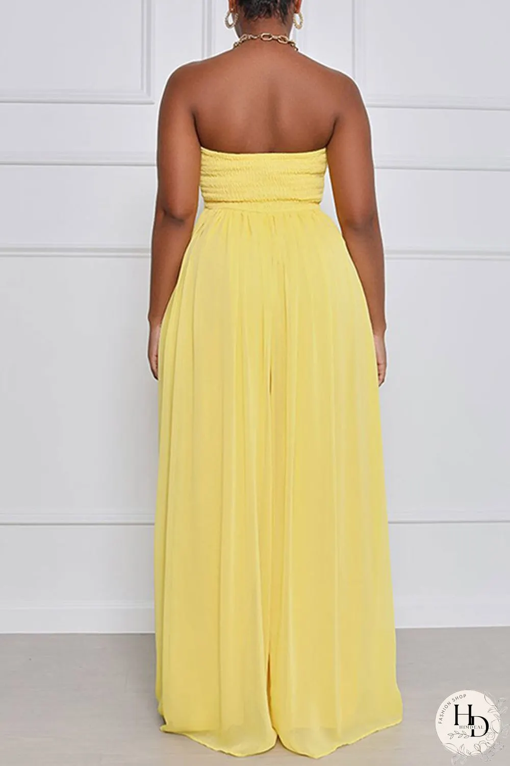 Yellow Sexy Casual Solid Backless Strapless Regular Jumpsuits