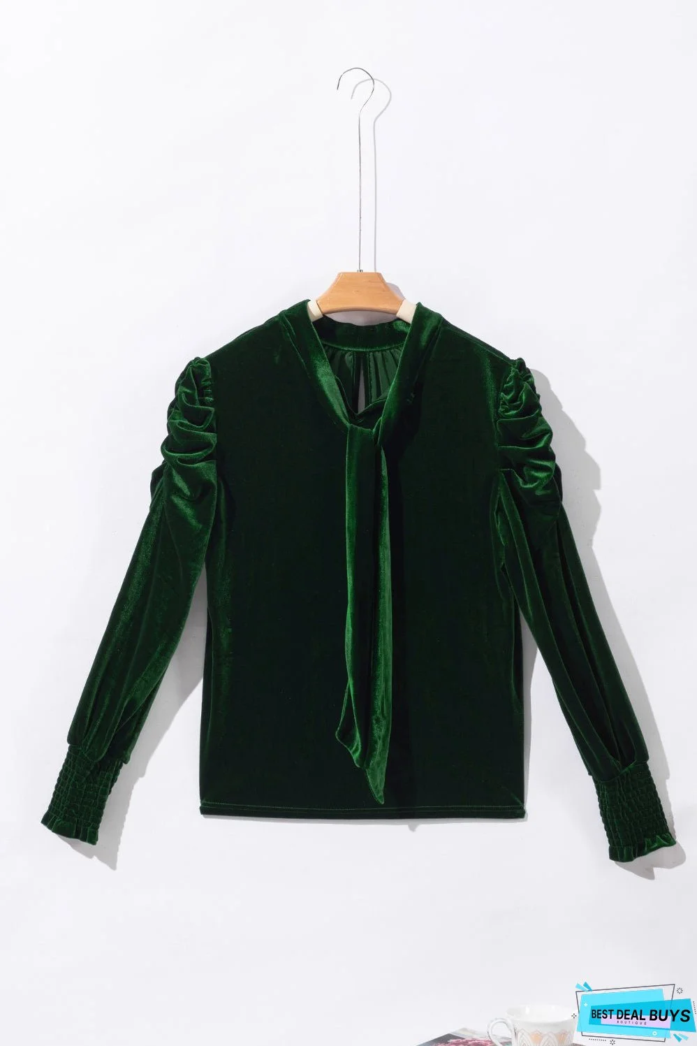 Mock Neck Puff Sleeve Velvet Blouse