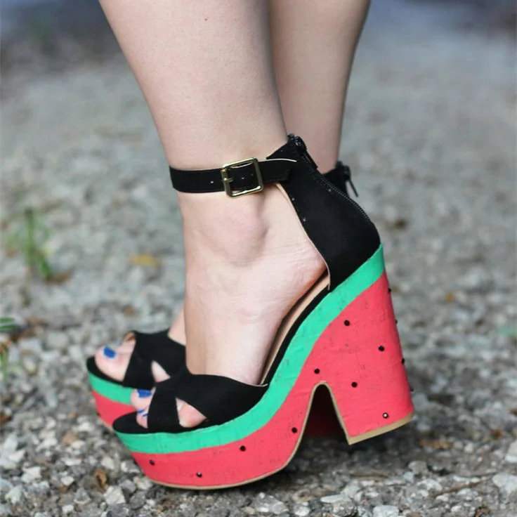 Summer Watermelon Peep Toe Platform Chunky Heels Ankle Strap Sandals |FSJ Shoes