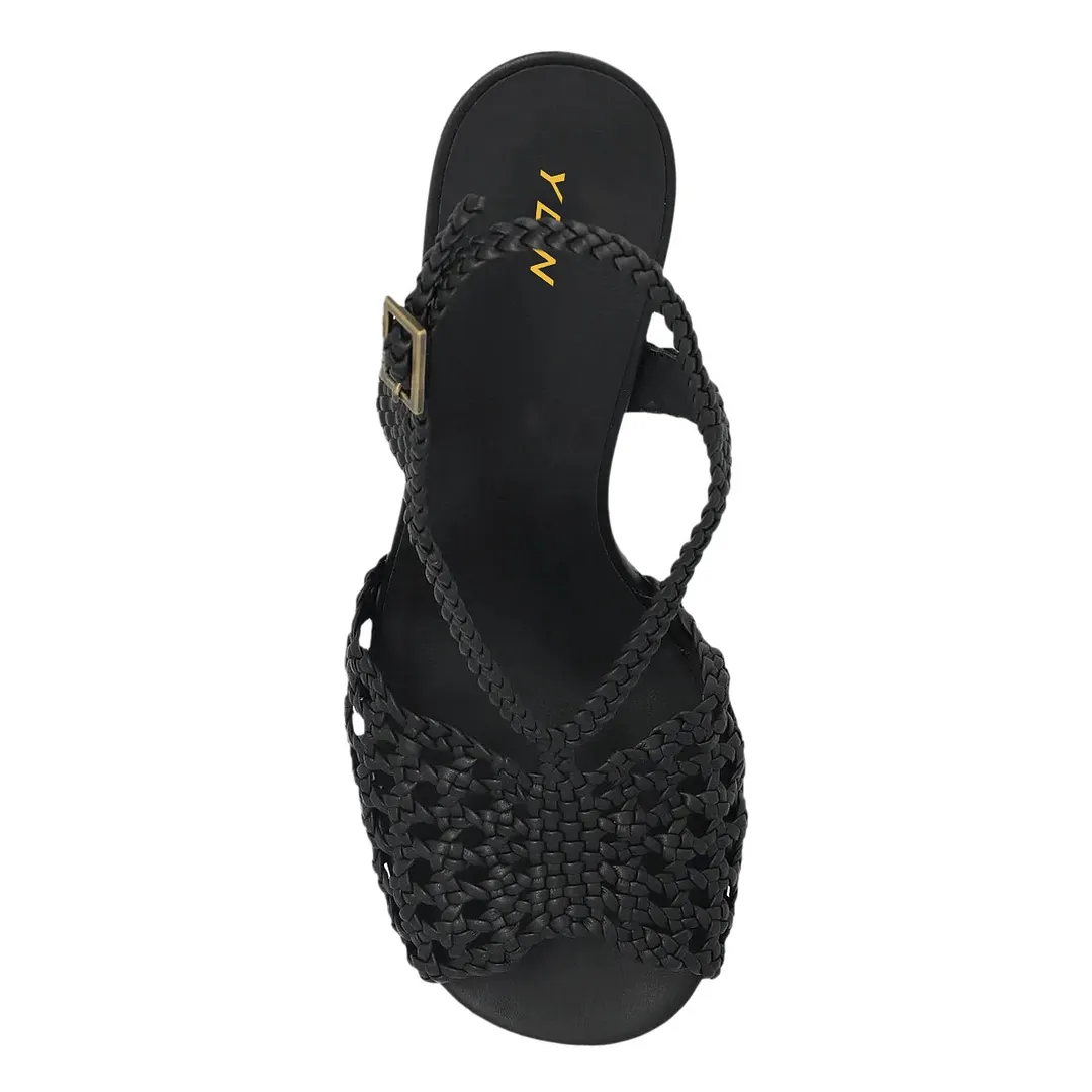 Flared High Heel Braided Buckled Cut-Out Black Sandals for Women