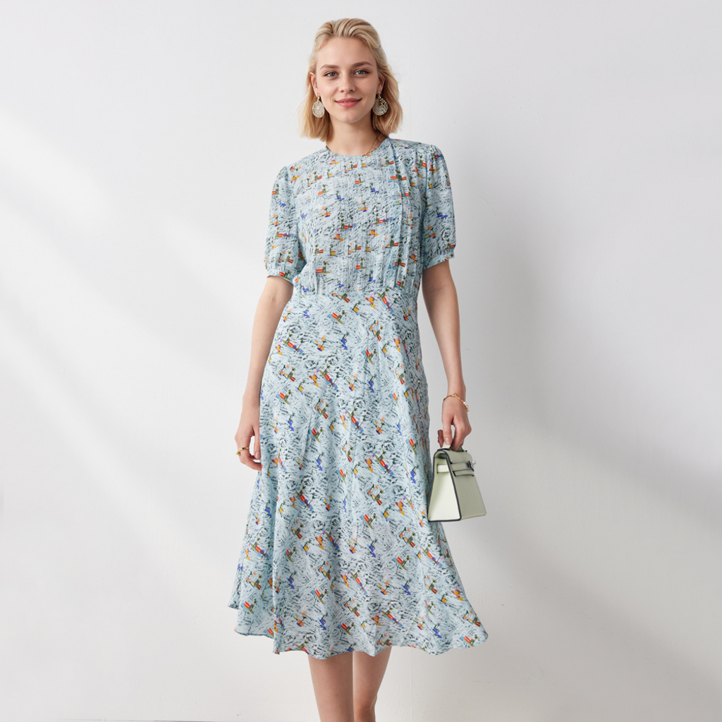 Blue Silk Shirt Dress Floral Pattern For Office REAL SILK LIFE