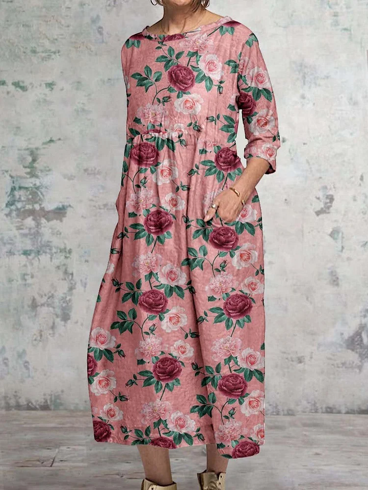 Women's Elegant Floral Classic Round Neck Cotton and Linen Dress