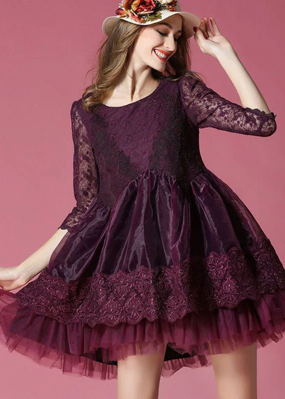 Boho Dark Purple Embroideried Lace Patchwork Organza Mini Dresses Summer