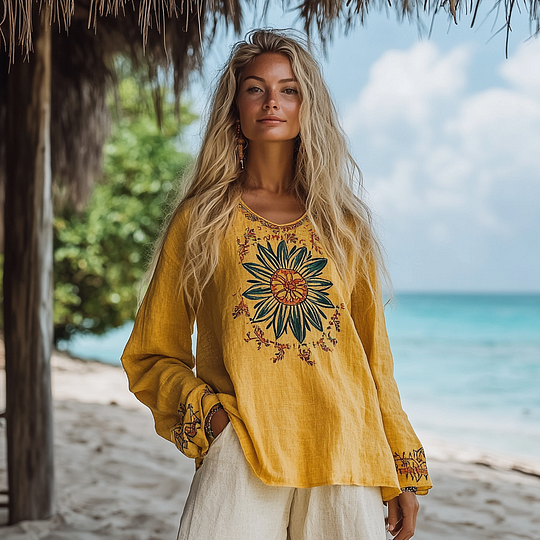 Utbros Vintage Bohemian Beach Vacation Linen Long-sleeved Round Neck Tops