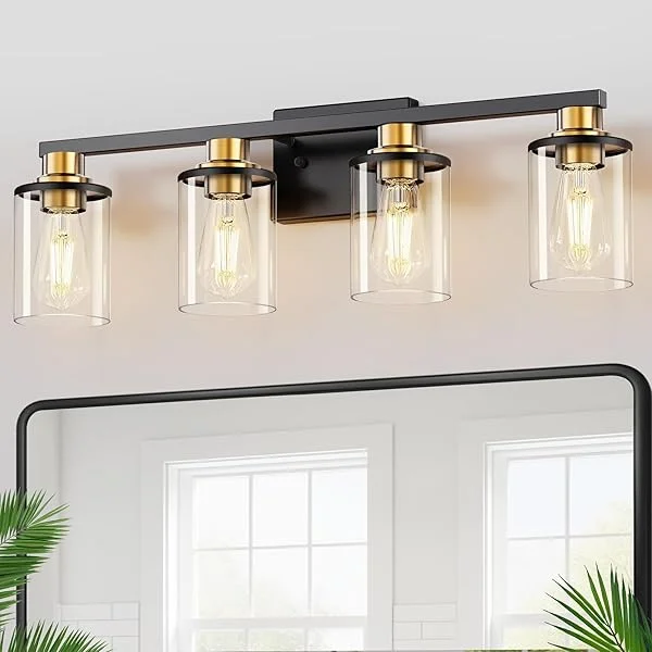 20 Inch Bathroom Light Fixtures, 3-Light Black Bathroom Lighting Fixtures Over Mirror with Clear Glass Shade, Vanity Lights for Bathroom Living Room Bedroom, ETL Listed Black 3-Light