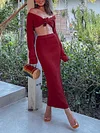 Wine Red Long Sleeves+Skirt Bottom Suits
