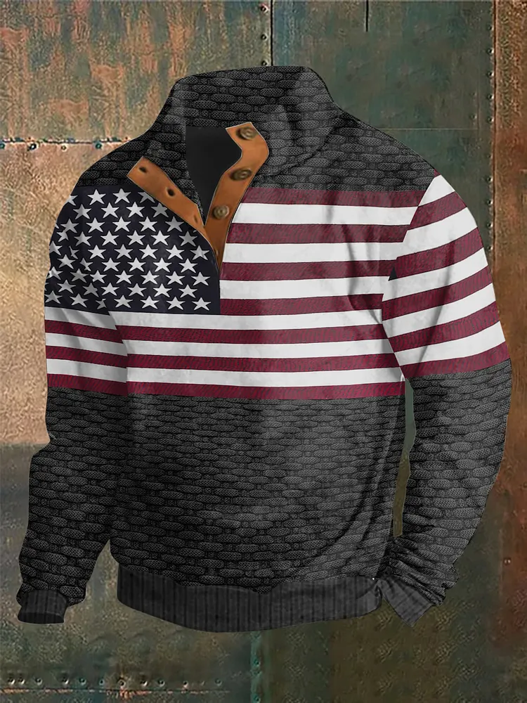 Men's Retro American Flag Printed Stand Collar Half-Zip Sweatshirt