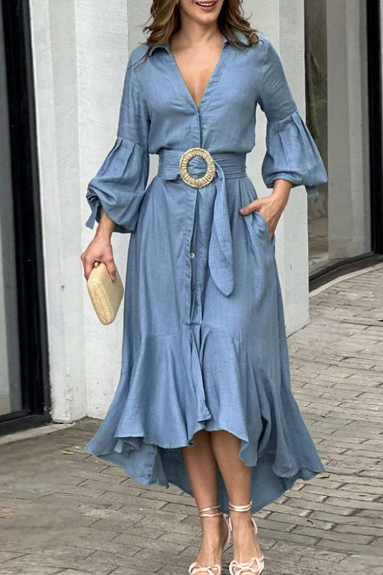 Casual Solid Patchwork With Belt V Neck Long Sleeve Dresses