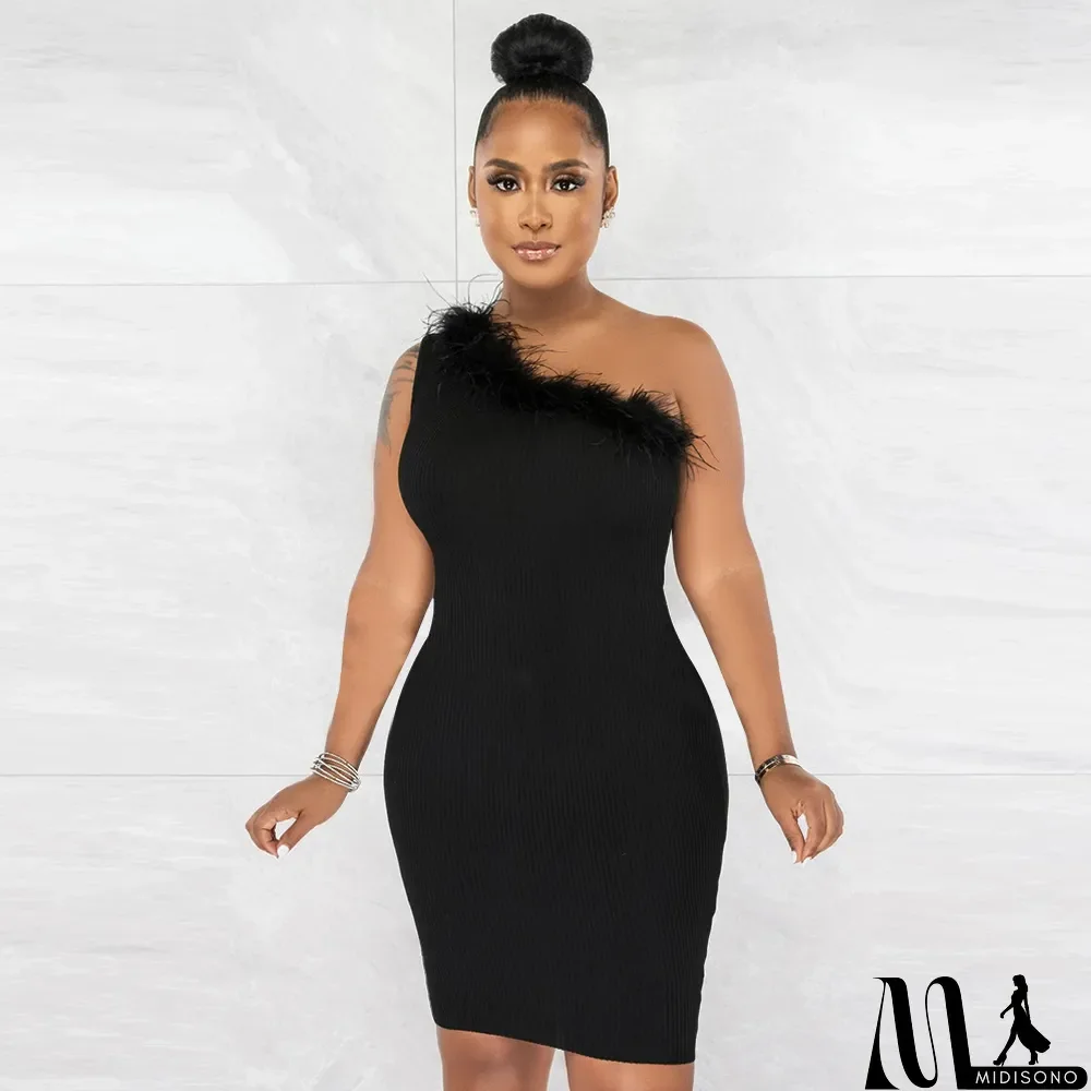 MidiSono - Ladies' Fashion Ribbed Feather Slash Shoulder Sleeveless Bodycon Dress