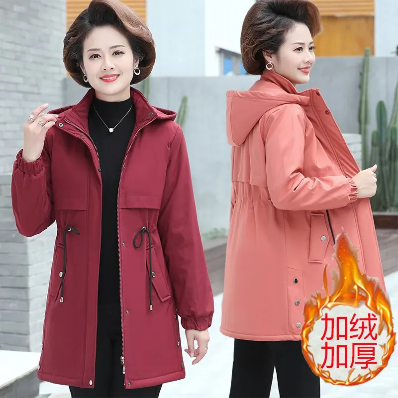 Autumn Winter Jacket Women Parka Plus Velvet Warm Hooded Overcoat Plus Size Middle-aged Female Cotton Padded Coat Windbreakers