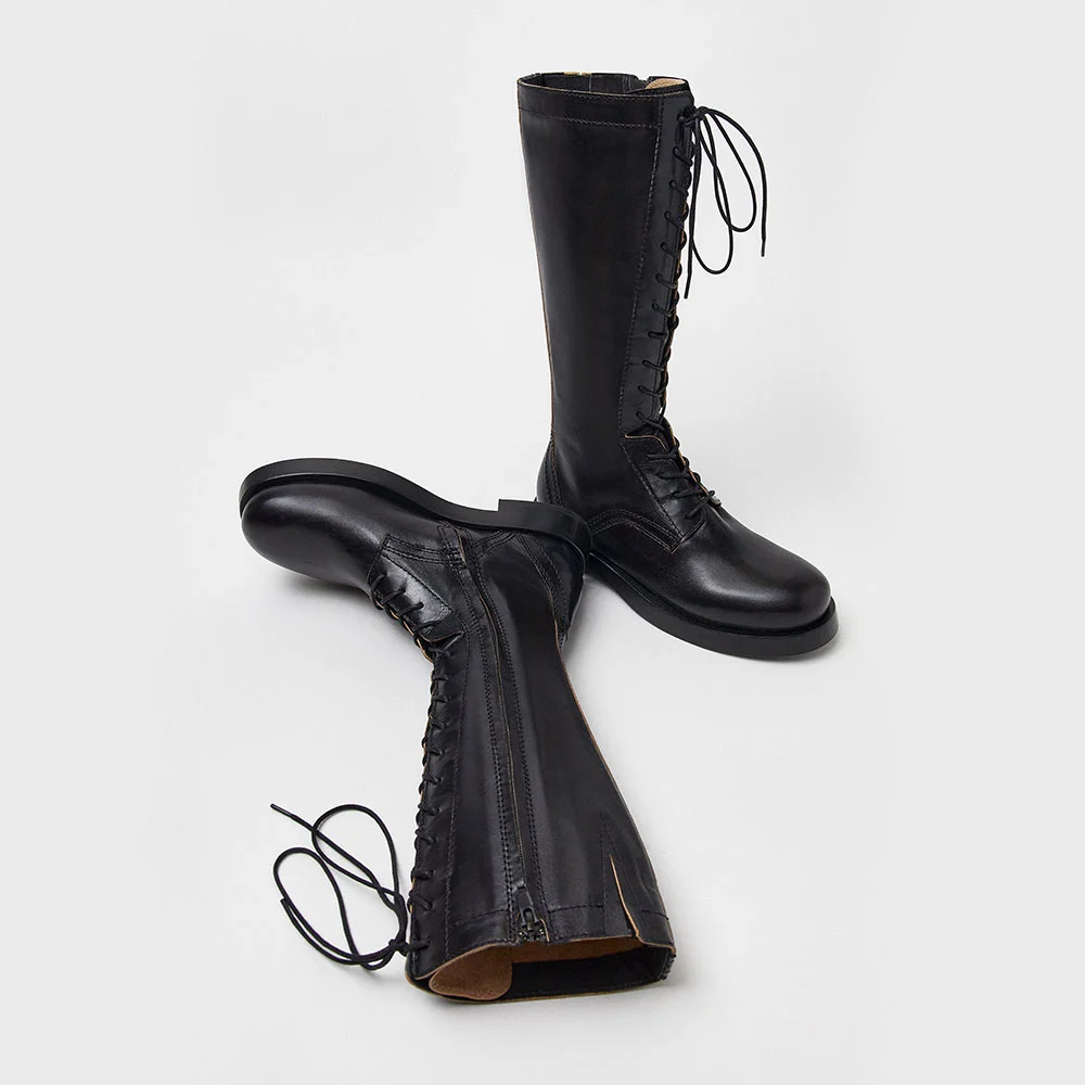 Women's Black Round Toe Block Low Heel Mid Calf Lace Up Boots with Zip