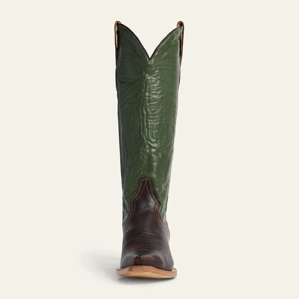 Black & Green Embroidered Knee High Snip Toe Western Boots with Zip
