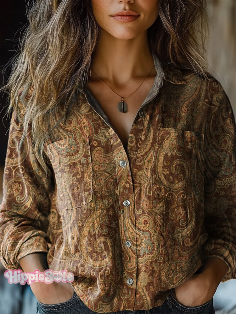 Women’s Retro Paisley Floral Print Casual Long Sleeve Comfortable Cotton Shirt Multicolor / S