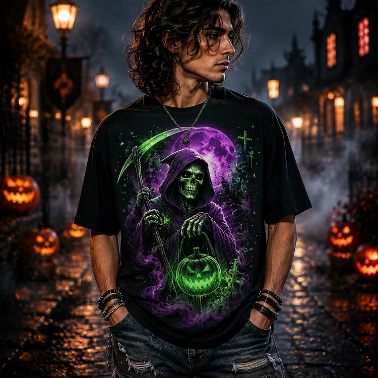 Men's Halloween Graphic T-shirt - Grim Reaper With Scythe And Glowing Jack-o'-lantern Print Tee