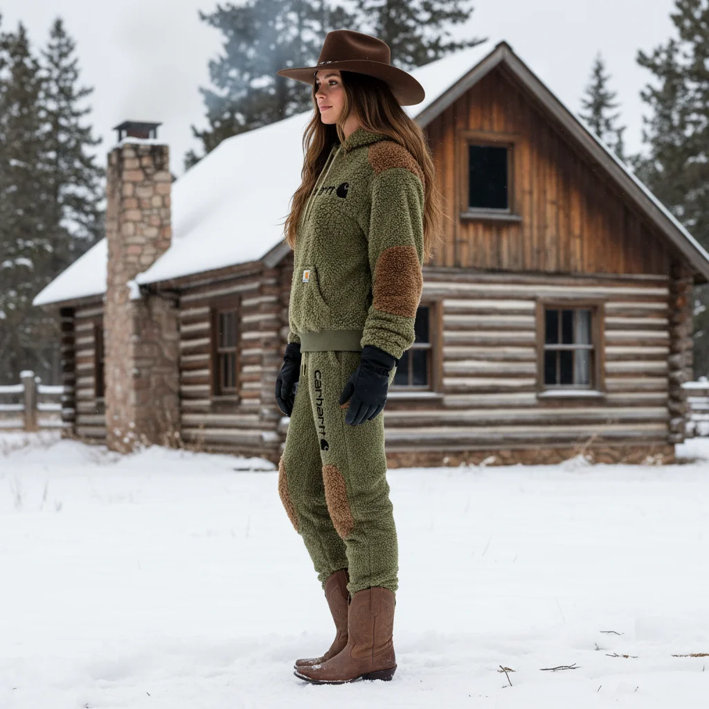 Women's Vintage Embroidered Fleece Olive Green Color Block Pocket Hoodie And Sweatpants Jogger Set