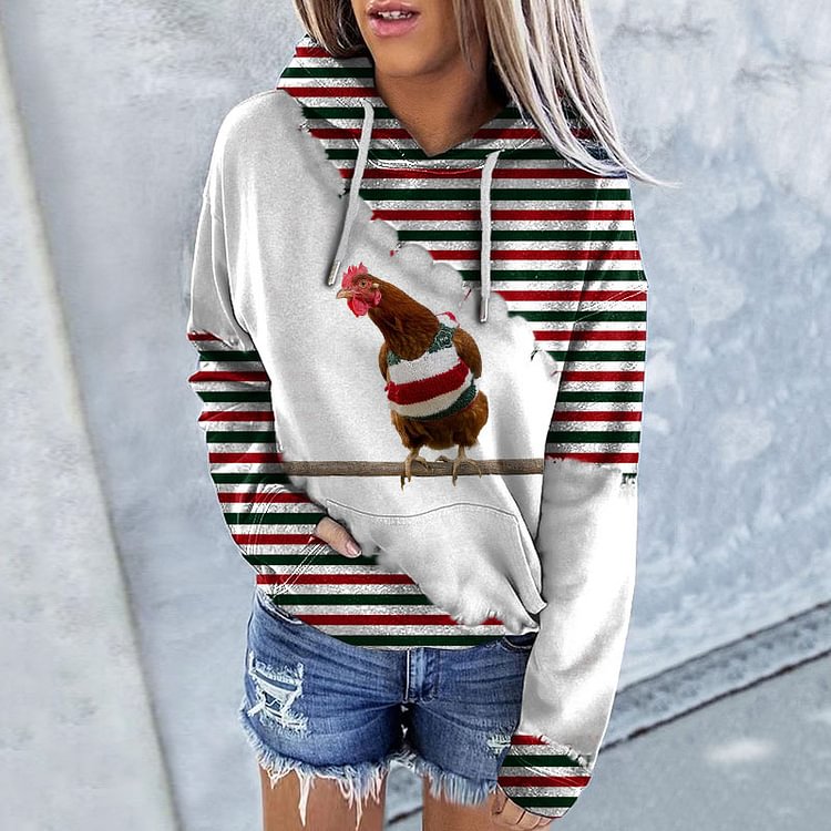 Comstylish Striped Rooster Print Long Sleeve Hoodie