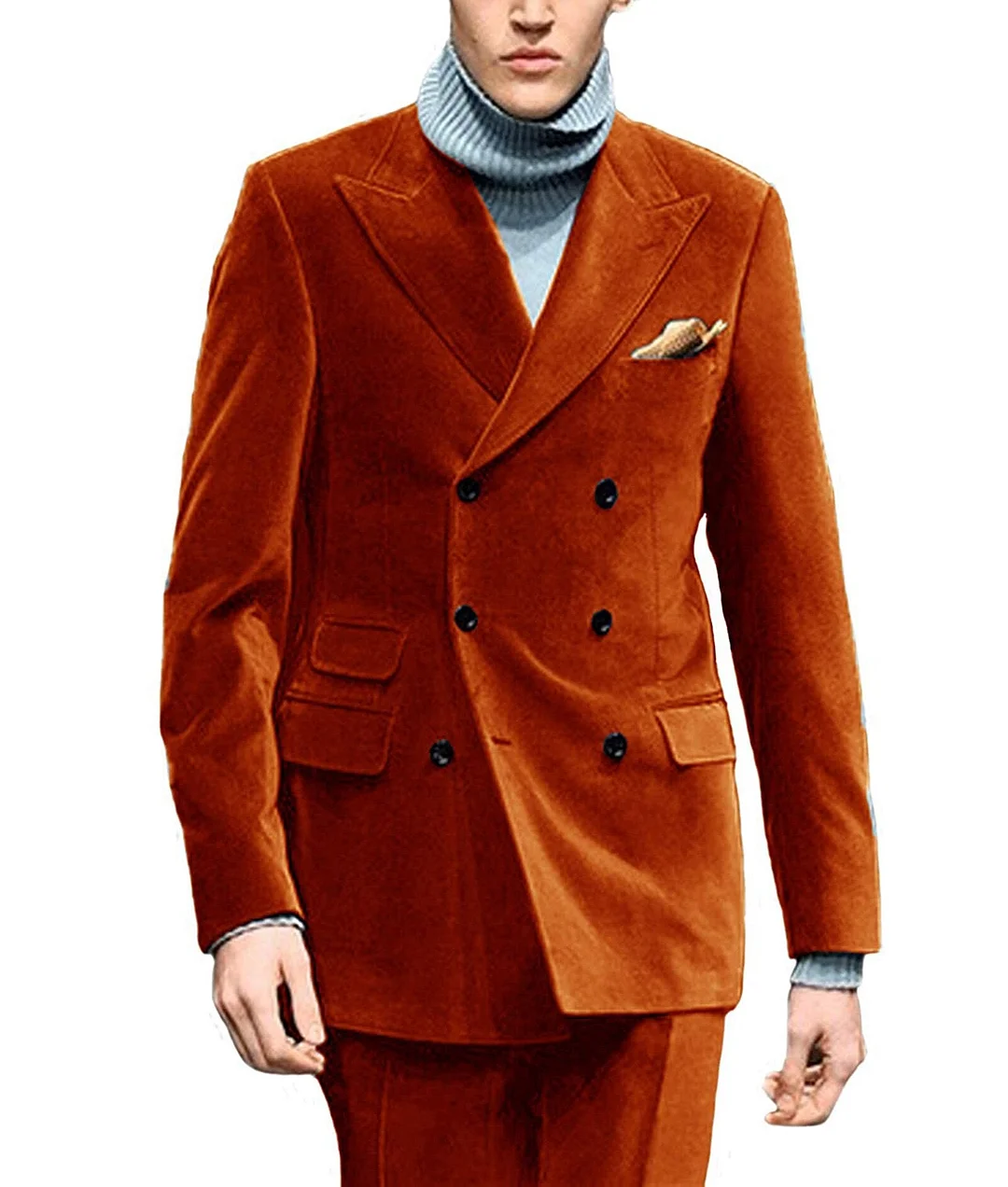 Inongge Orange Men's Velvet Suit Jacket 2 Piece Double Breasted Suit Groom Tuxedos Slim Fit Wedding Suits  (Blazer+Pants)
