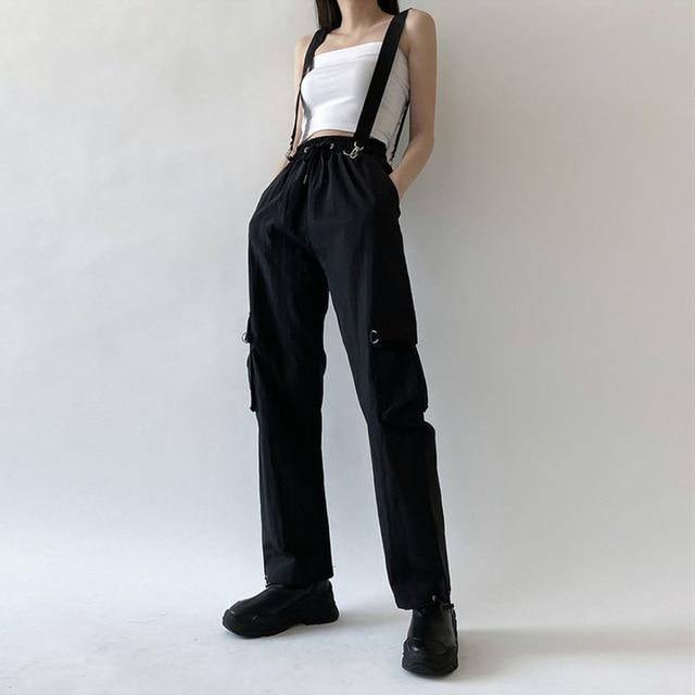 Women Fashion Harajuku Cargo Pants Black Detachable Strap Trousers Female Elastic Waist Streetwear Pants Plus Zise Casual Pants
