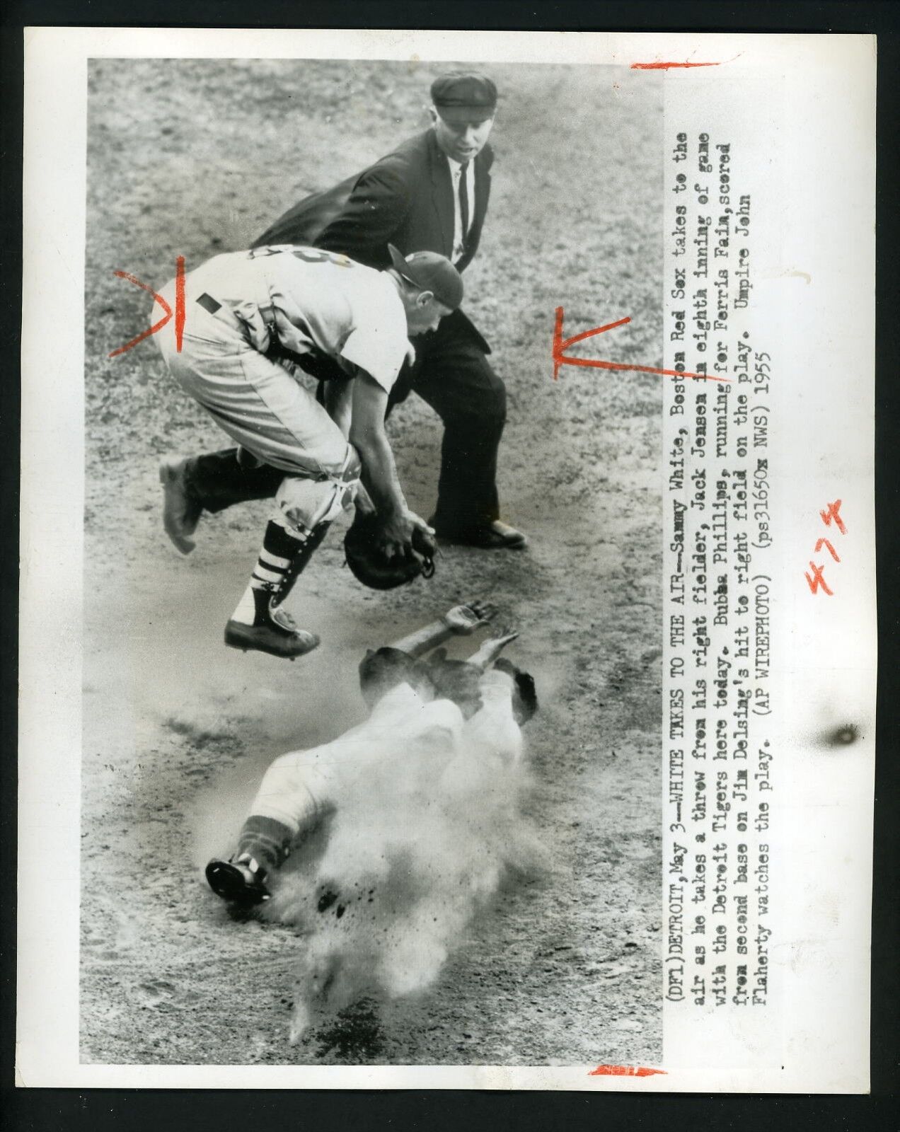 Sammy White Bubba Phillips Umpire John Flaherty 1955 Press Photo Poster painting Red Sox Tigers