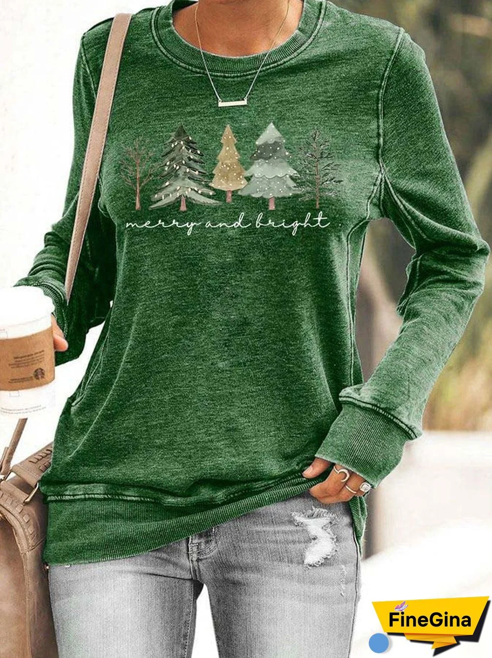 Women's Casual Merry And Bright Printed Long Sleeve Sweatshirt