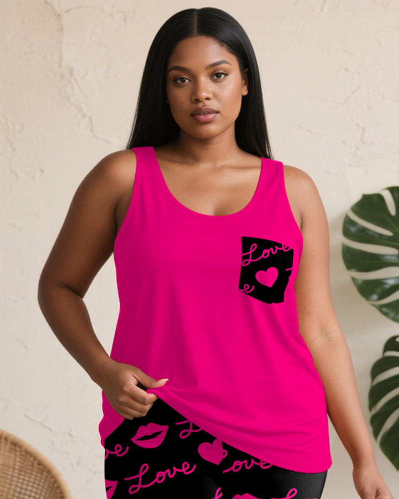 Women's Plus Size Daily Casual Rose Red Letter Lip Print Pocket Vest Shorts Suit
