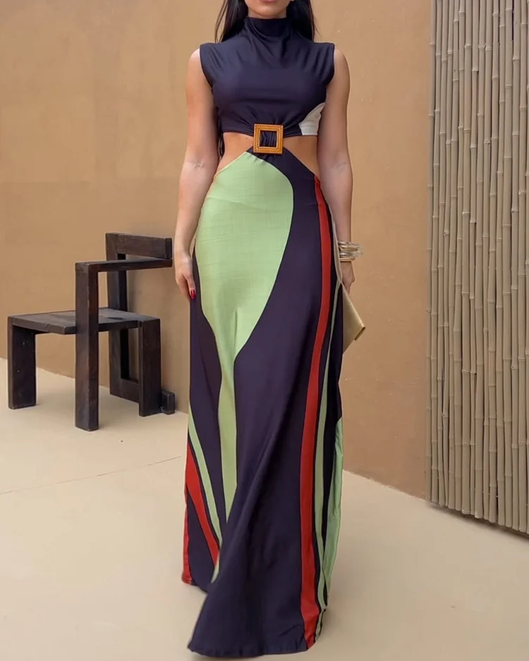 Sleeveless printed hollow dress