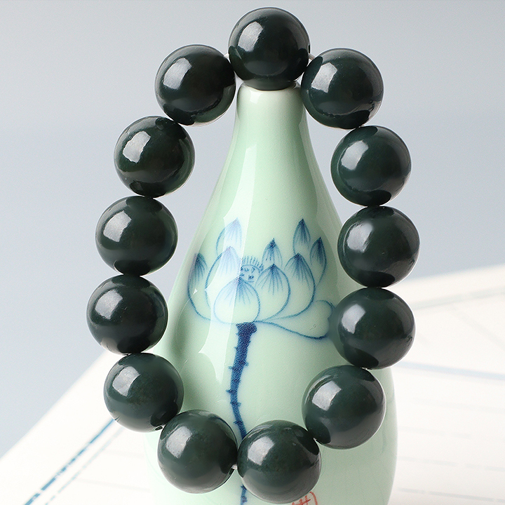 High Standard Hetian Jade Bracelet Huge Saving Men's Jade Bracelet Sapphire Round Beads Jade Hand Jewelry Single Diameter 16mm*13 Perfect Gifts For Him For Men