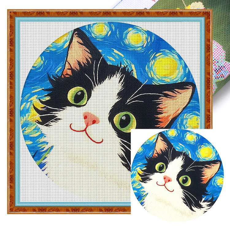 【Mona Lisa Brand-Cotton】Cat Under the Starry Sky 24*24cm 11CT Stamped Canvas Cross Stitch gbfke