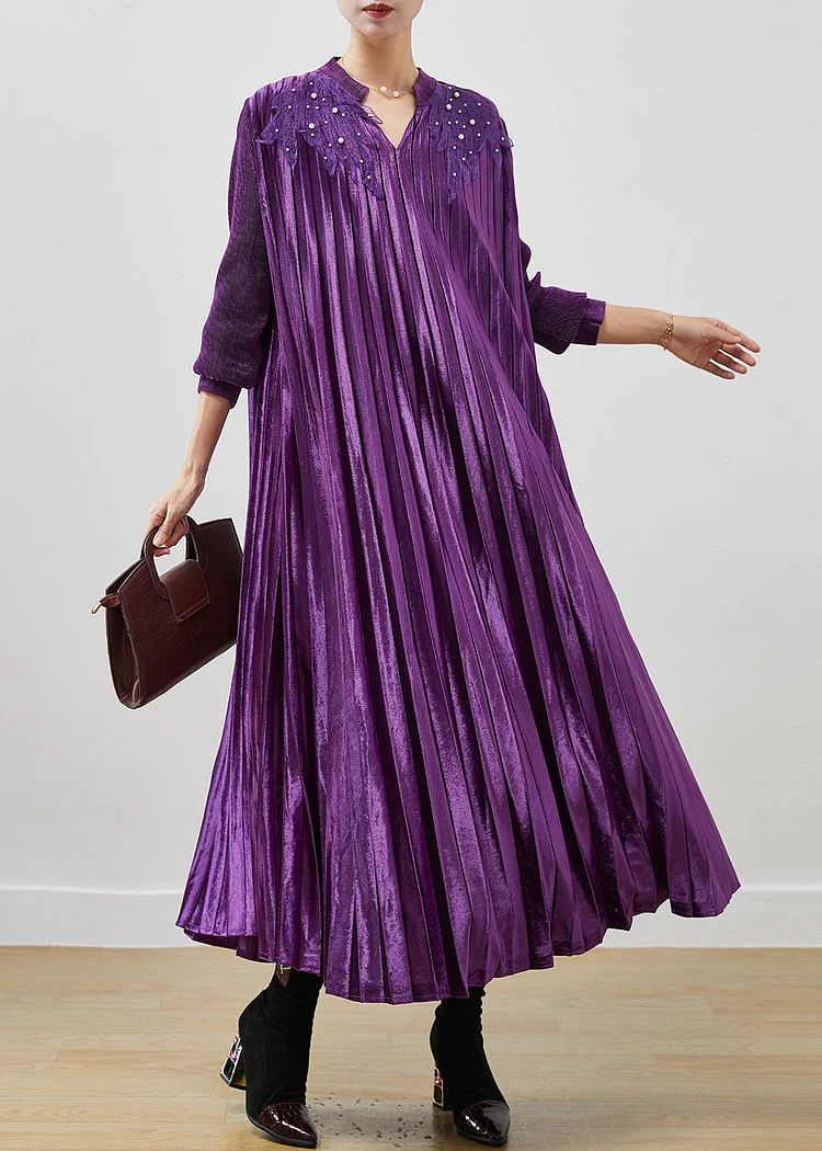 Handmade Purple V Neck Nail Bead Silk Velour Dresses Spring