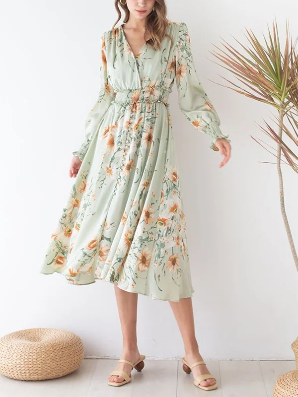 Pistachio Flower Print Midi Dress