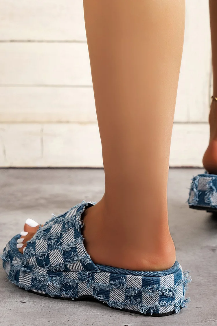 Daily Denim Raw Edge Plaid Pattern Slippers