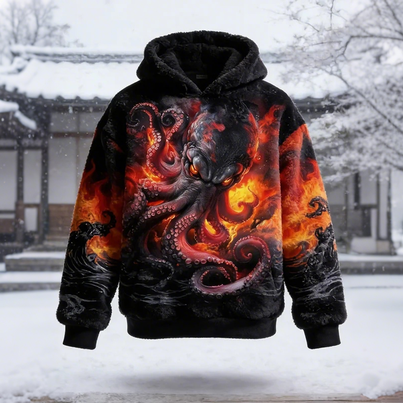 Men's Cthulhu Great Wave Flame Print Casual Flannel Hoodie  artssus