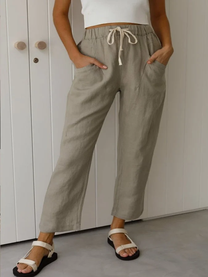 Women's Cotton Linen Lace-Up Casual Pants