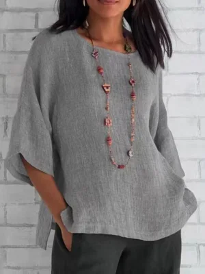 Image of Split-Side Split-Joint Solid Color Three-Quarter Sleeves Linen Round-Neck T-Shirts Tops