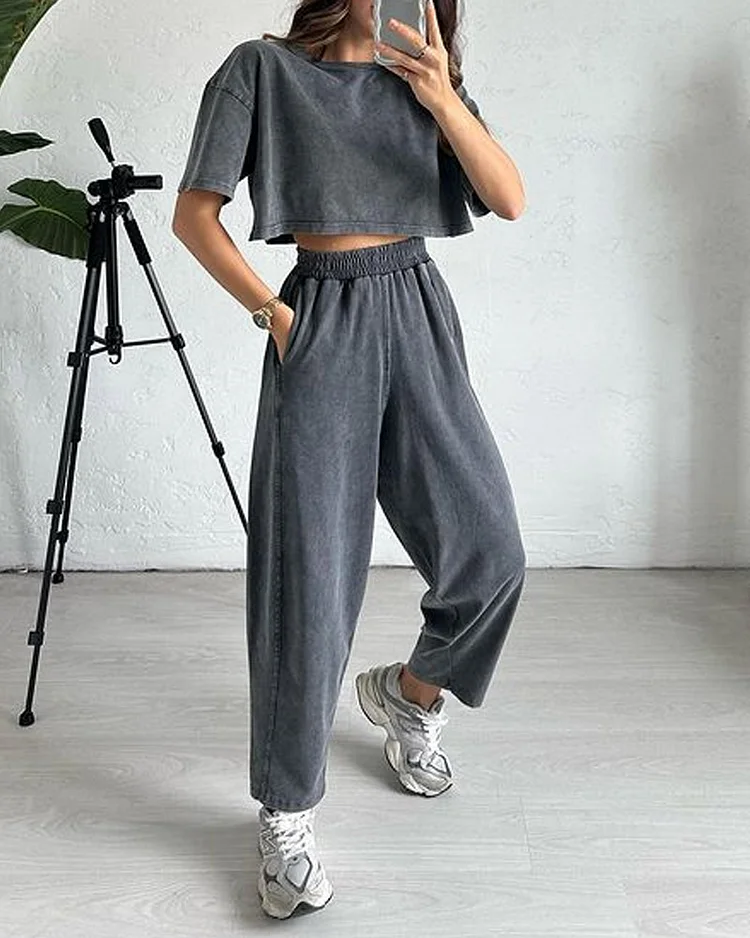 Solid Color Casual Top & Casual Pants Two-piece Set