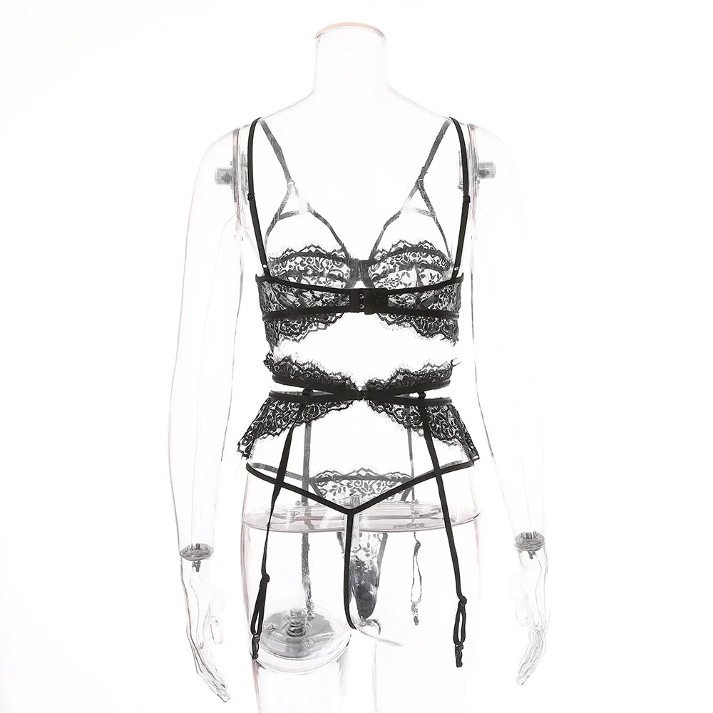 Billionm SexeLakas Sexy Underwear Set Women Lace Hollow Lingerie 3 Pieces Porno Intimates Set Gathered Bra Transparent Brief T Back Thong