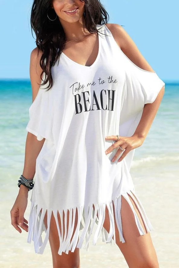 White Cold Shoulder Fringe Letter Print T Shirt Dress Beach Cover Up-elleschic