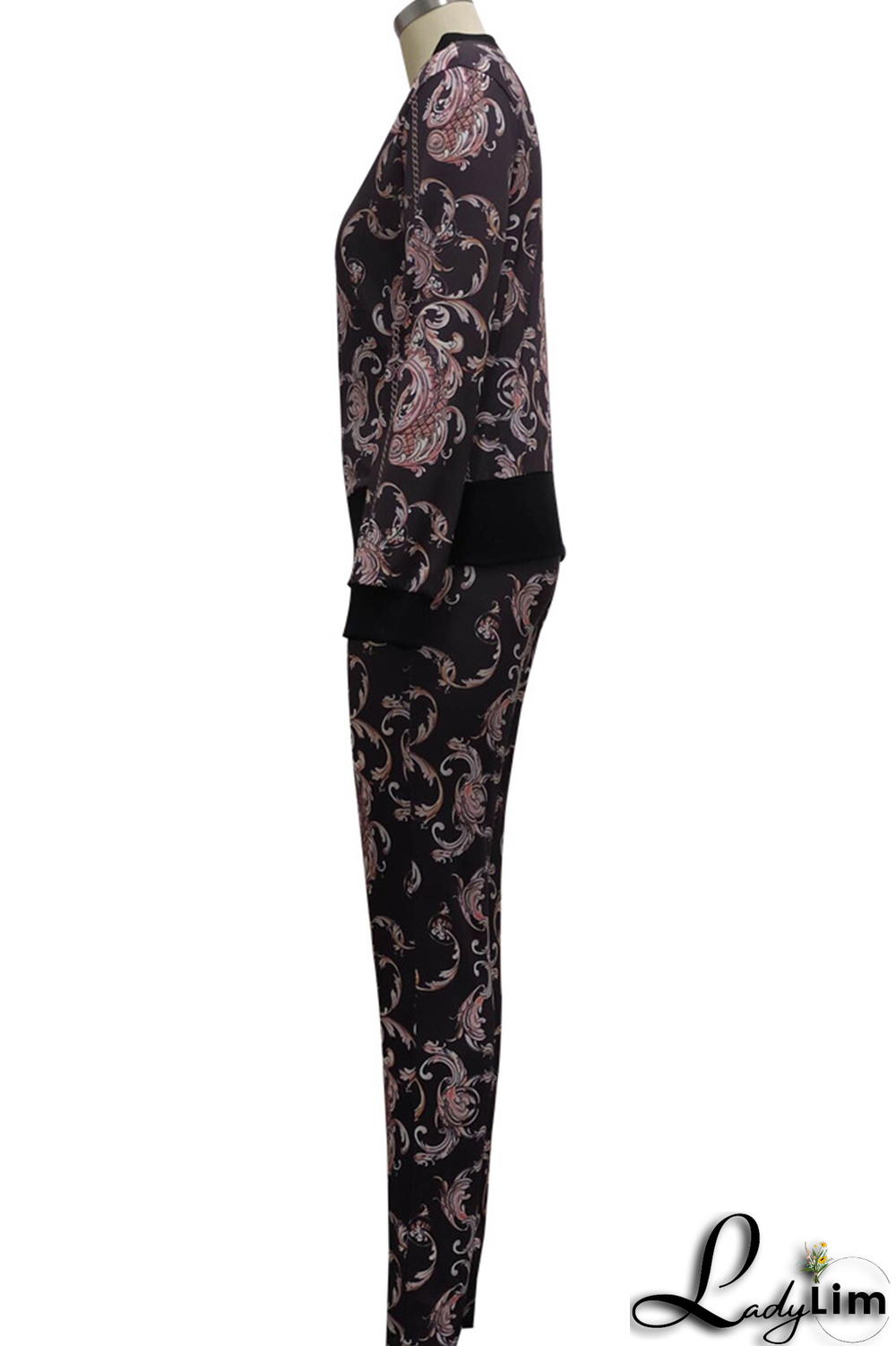 Colour Sexy Print Split Joint Zipper Collar Long Sleeve Two Pieces