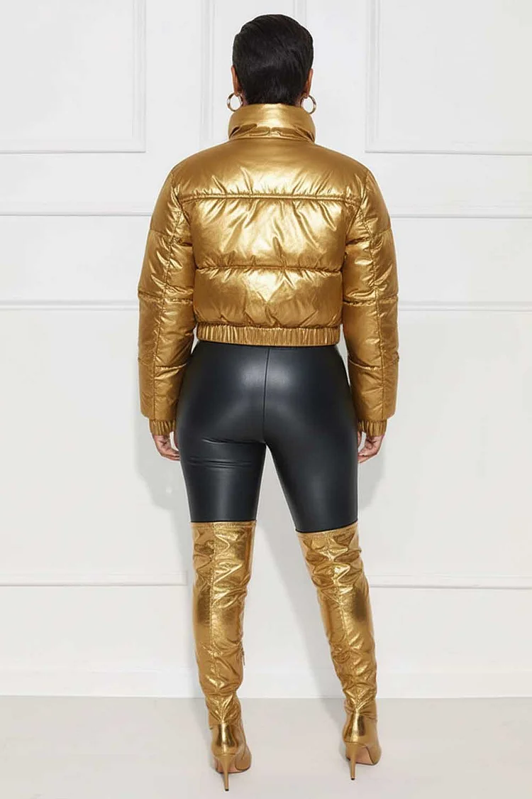 High Neck Flap Pocket Zip-Up Crop Metallic Puff Jacket-Gold