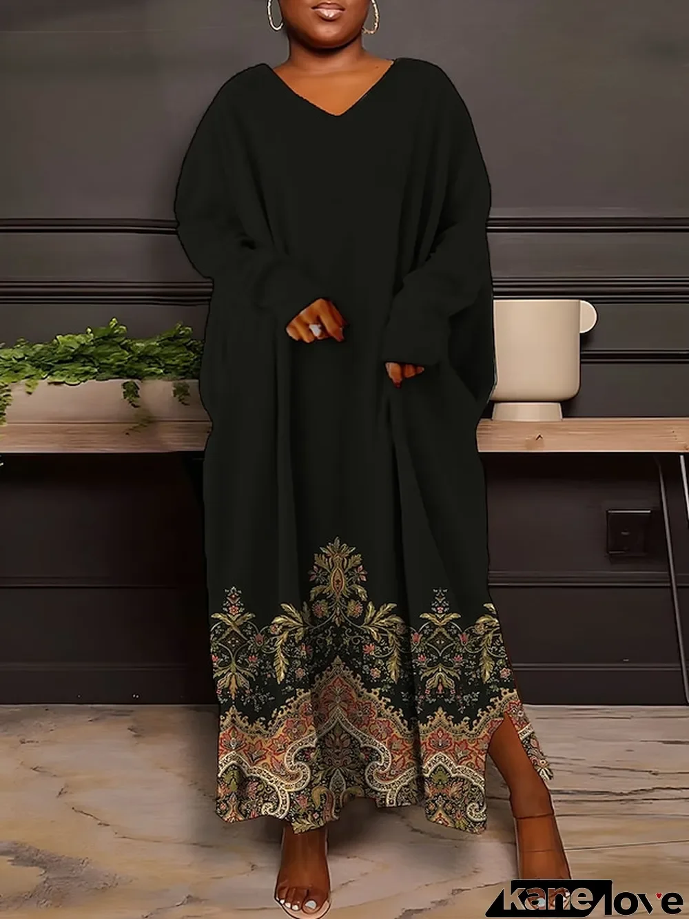 Women's Plus Size Curve Sweatshirt Dress Casual Dress Winter Dress Floral Gradient Long Dress Maxi Dress Long Sleeve Split Print V Neck Fashion Outdoor Black White Fall Winter L XL XXL 3XL 4XL