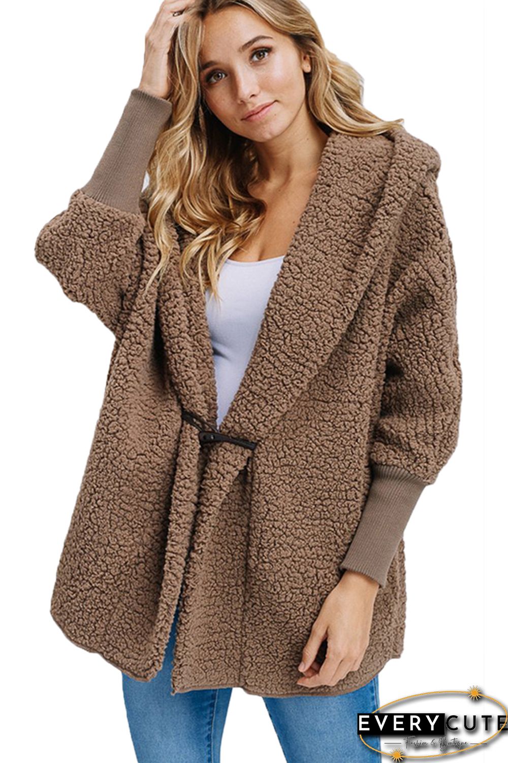 Coffee Woolen Fur Horn Button Oversize Jacket