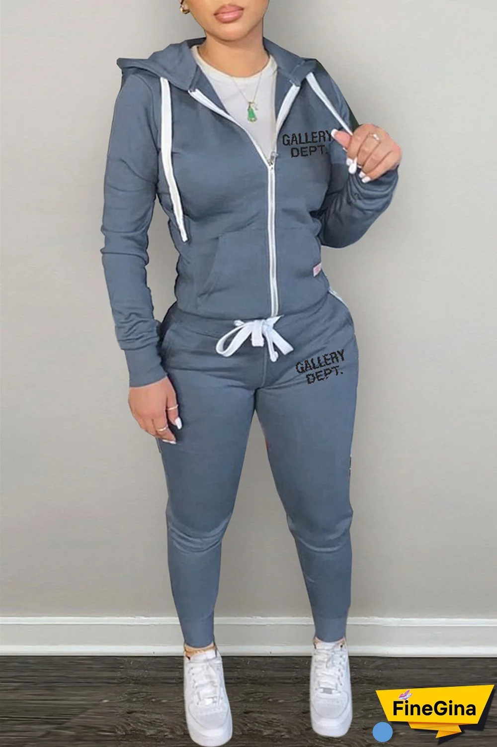 Grey Casual Letter Print Patchwork Hooded Collar Long Sleeve Two Pieces