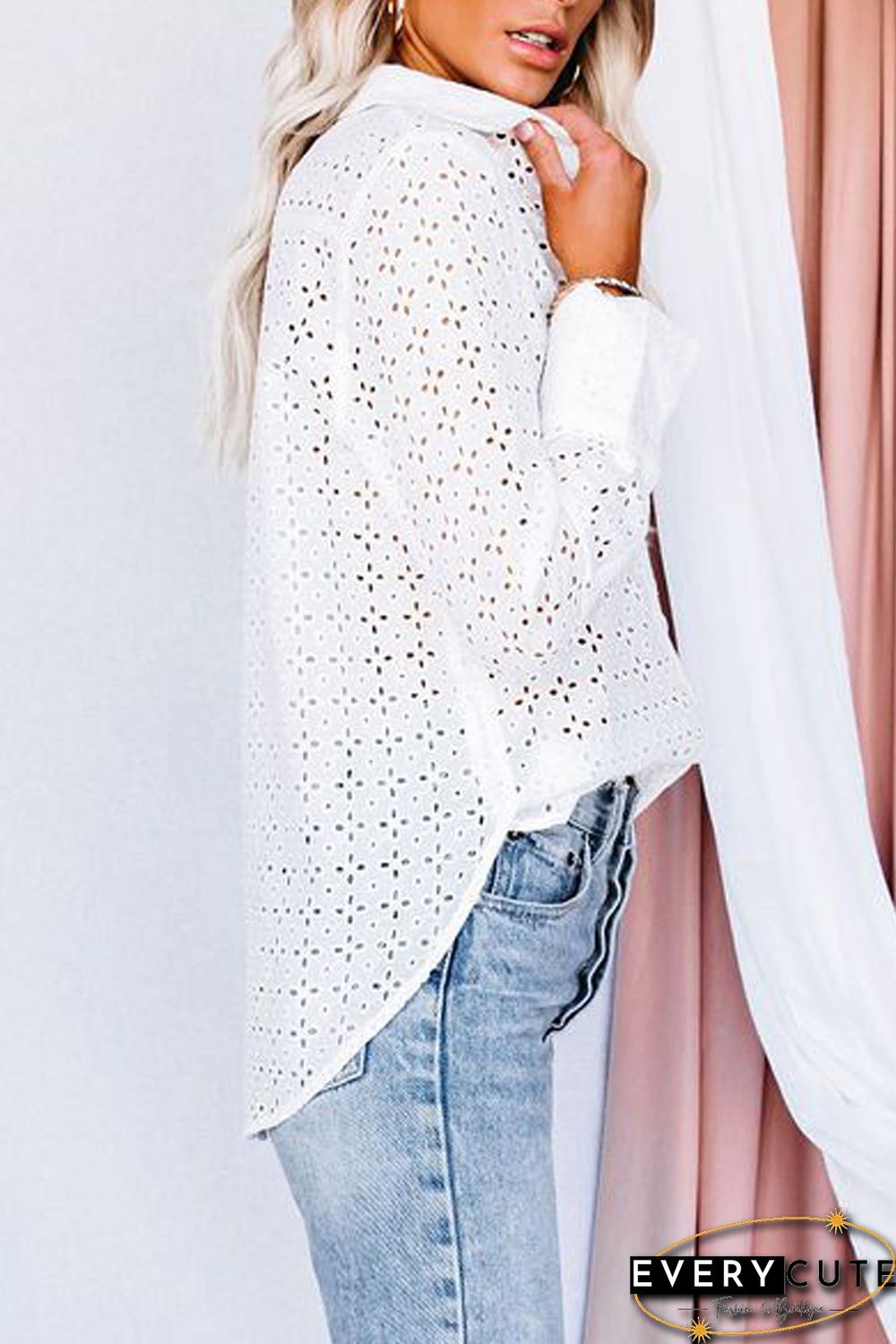 White Long Sleeve Eyelet Floral Pattern Hollow-out Shirt