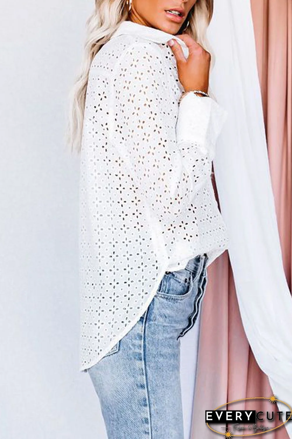 White Long Sleeve Eyelet Floral Pattern Hollow-out Shirt