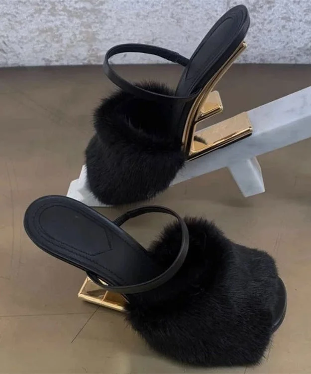 Novelty Sexy Black Mink Hair Slide Sandals Alien Heel