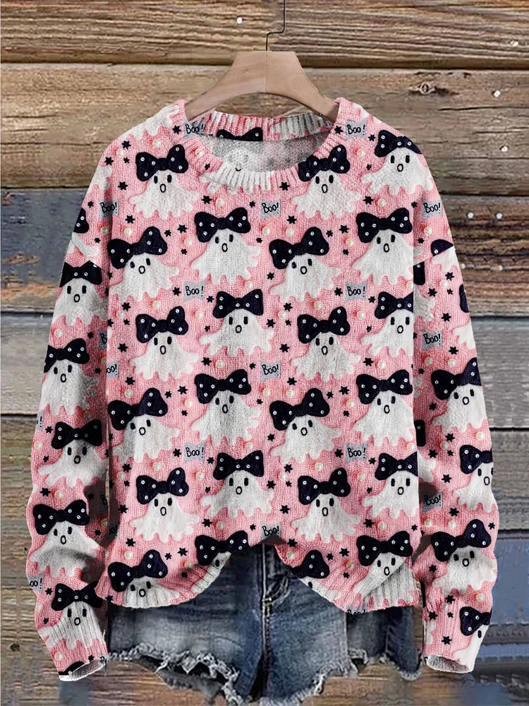 Ghost Autumn Season Halloween Art Print Knit Pullover Sweater