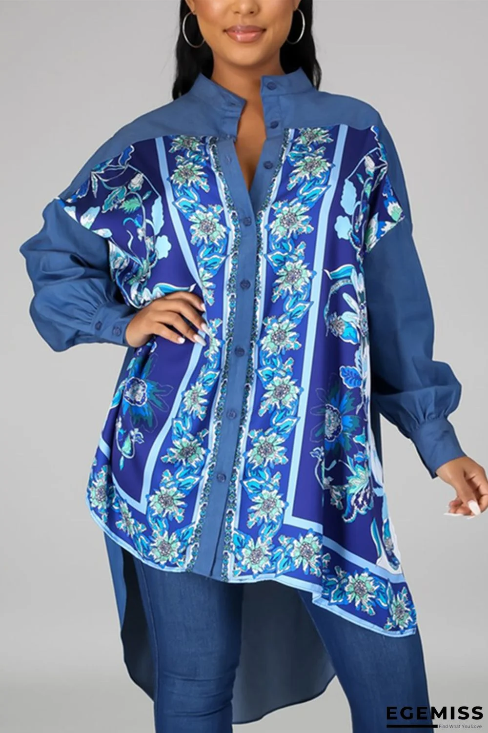 Blue Fashion Casual Shirt Collar Three Quarter Regular Sleeve Longer In The Rear Patchwork Print Tops | EGEMISS